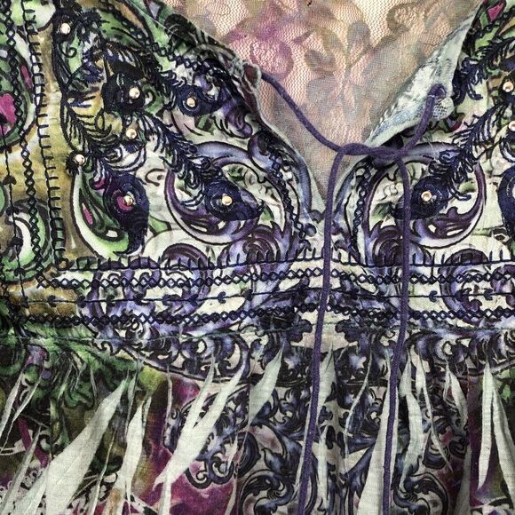 Unity World Wear Y2K Top Fitted Dyed Print Ruffle Cap Sleeve Womens L Stretchy - Picture 9 of 13